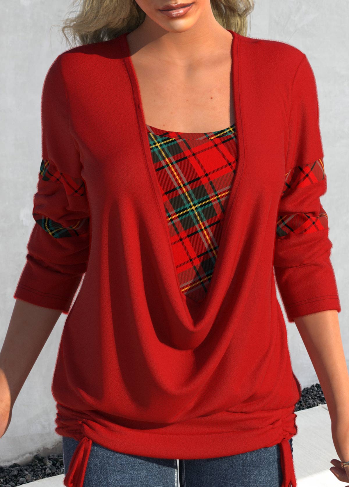 Red Drawstring Plaid Long Sleeve Square Neck Sweatshirt