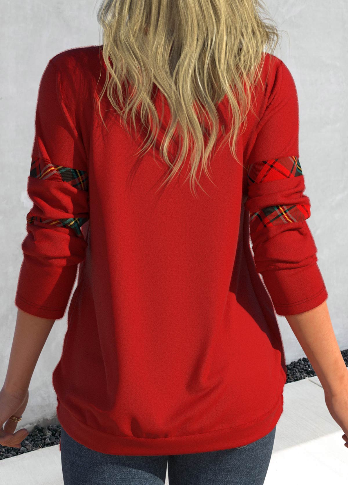 Red Drawstring Plaid Long Sleeve Square Neck Sweatshirt