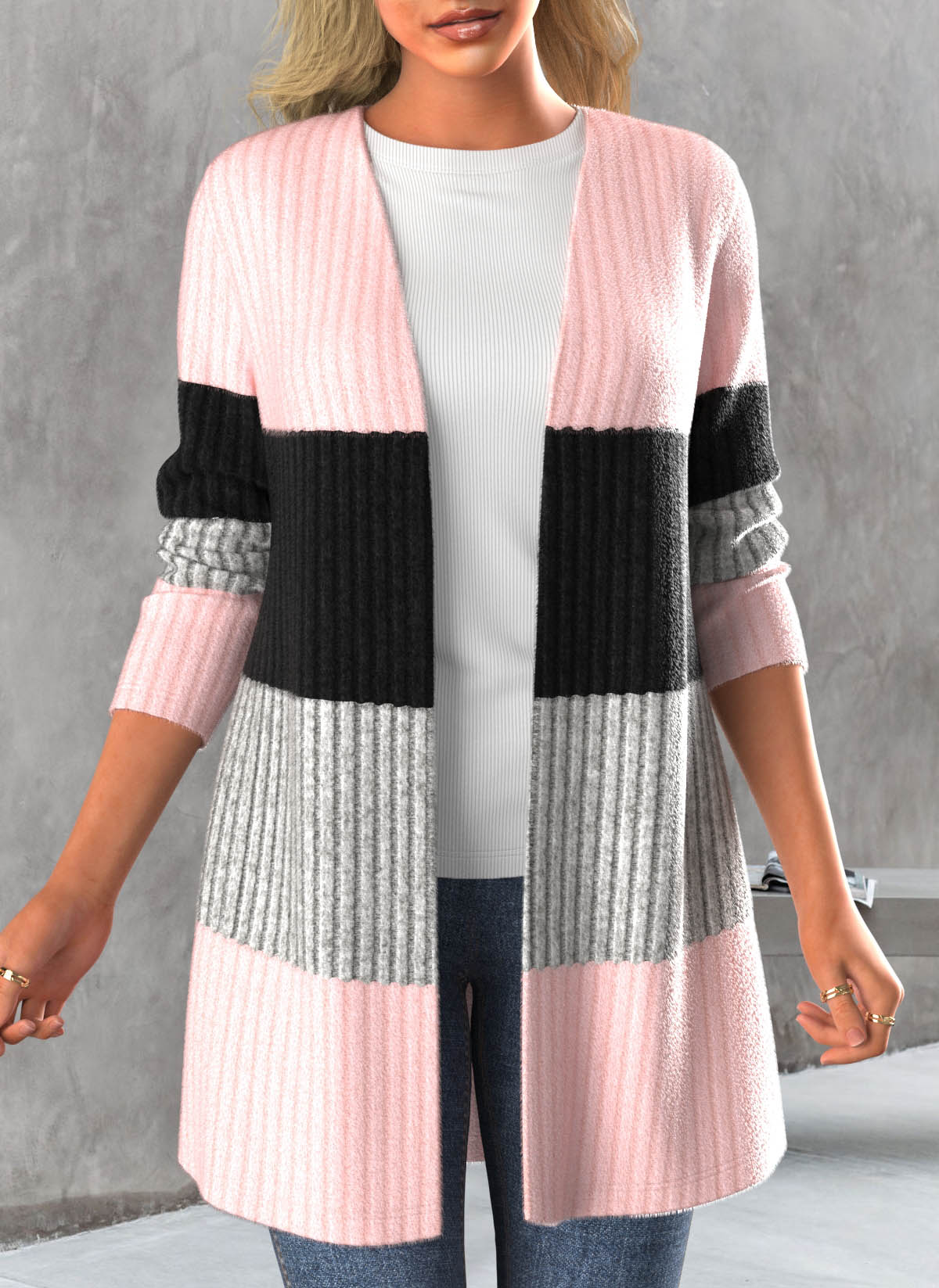 Plus Size Light Pink Contrast Long Sleeve Cardigan