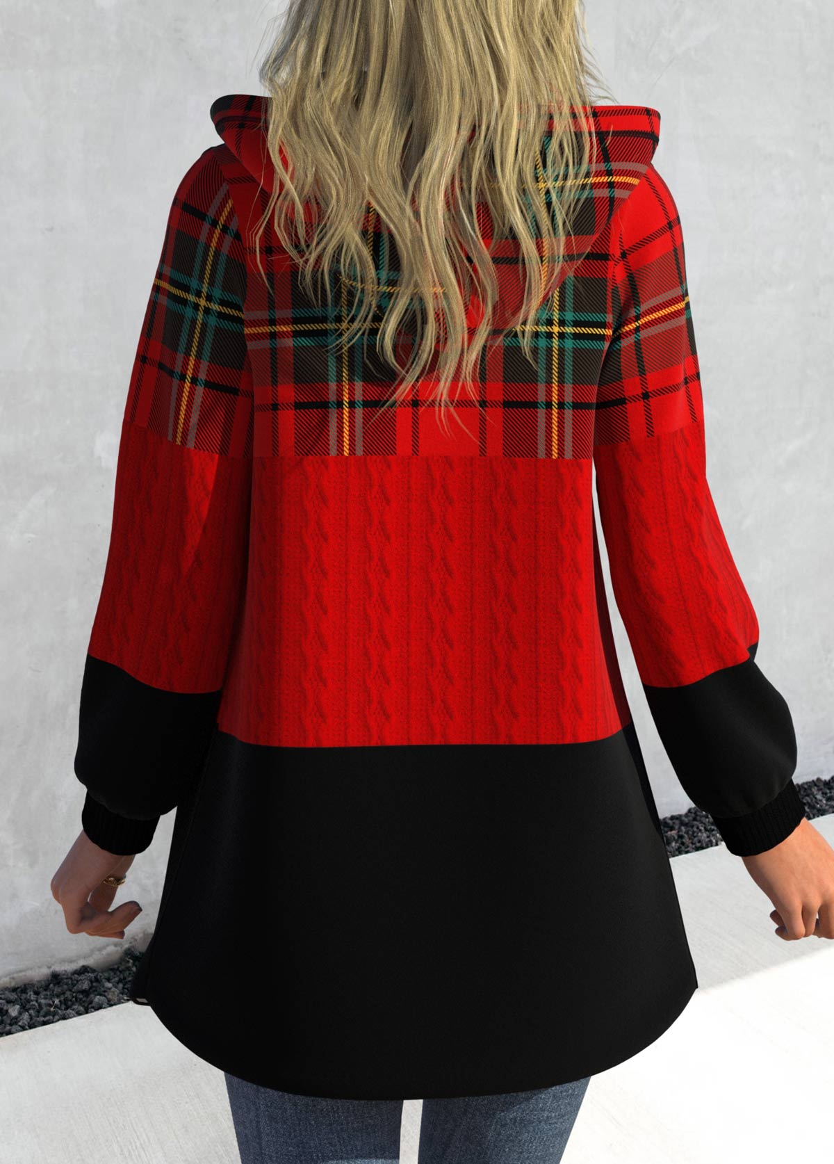 Plus Size Red Zipper Plaid Long Sleeve Hooded Jacket