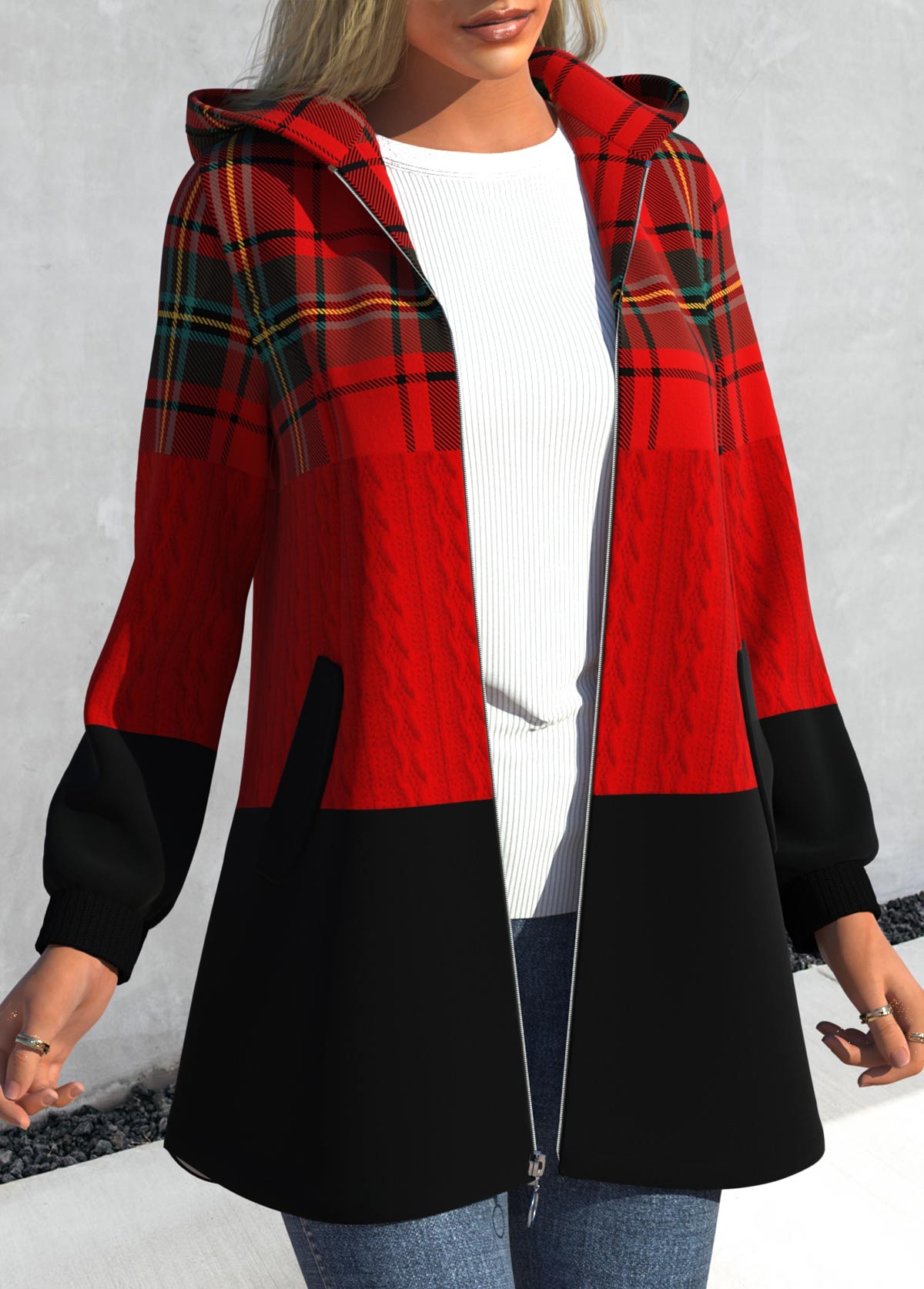 Plus Size Red Zipper Plaid Long Sleeve Hooded Jacket