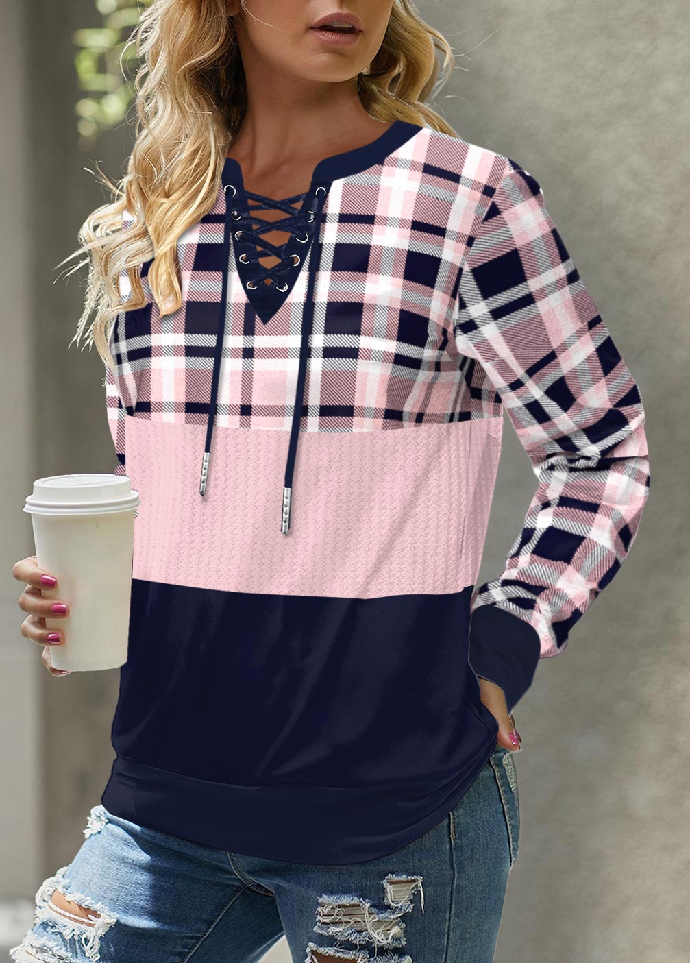Plus Size Light Pink Lace Up Plaid Long Sleeve Sweatshirt