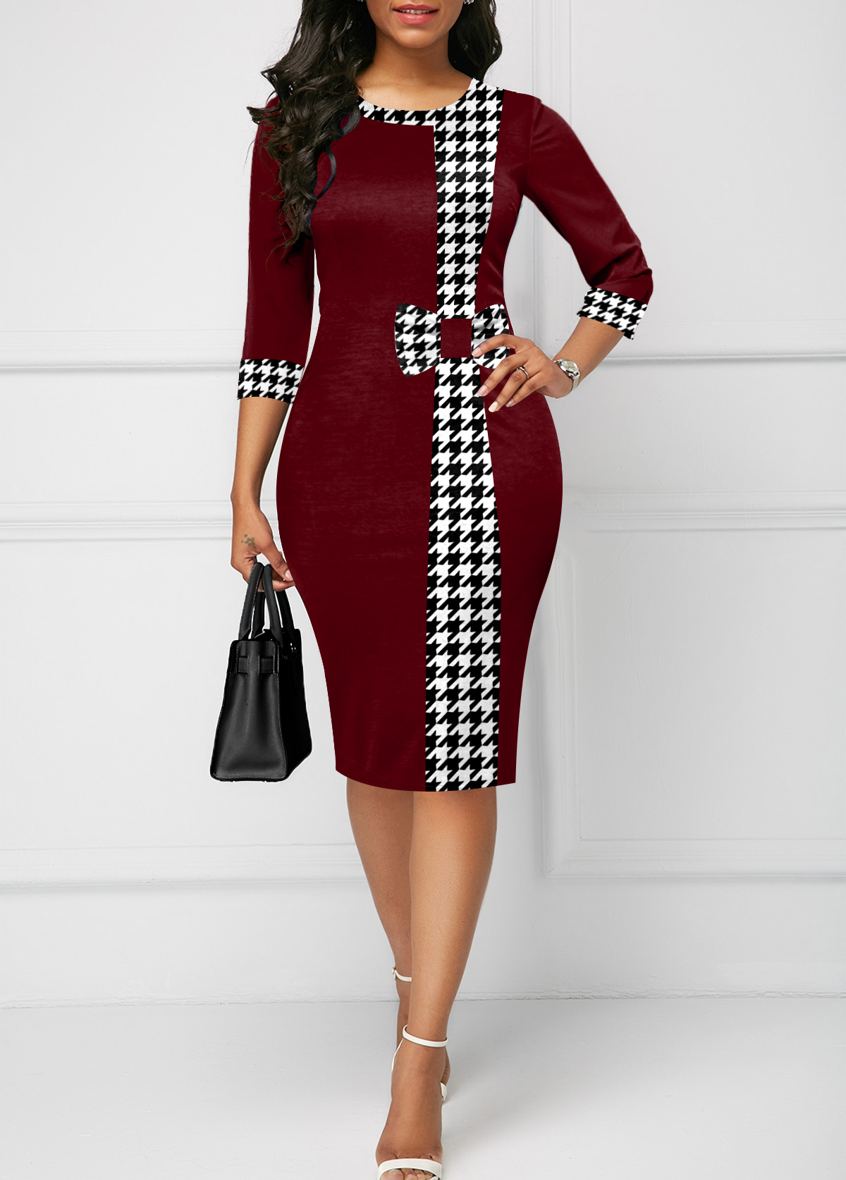 Deep Red Bowknot Houndstooth Print Bodycon Dress