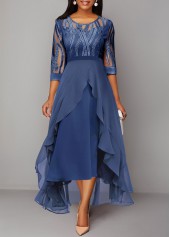 Mesh Stitching Sequin Blue High Low Dress