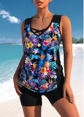 Floral Print Black Cross Strap Tankini Set | thumb picture 