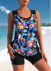 Floral Print Black Cross Strap Tankini Set