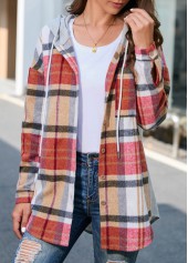 Multi Color Button Plaid Long Sleeve Hooded Coat