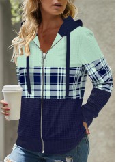 Mint Green Zipper Plaid Long Sleeve Hoodie