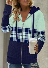 Mint Green Zipper Plaid Long Sleeve Hoodie | thumb picture 