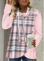 Button Tartan Print Pink Drawstring Sweatshirt | thumb picture 