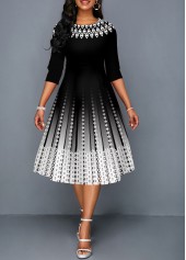 Black Ombre 3/4 Sleeve Round Neck Dress