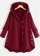 Deep Red Pocket Long Sleeve Hooded Coat