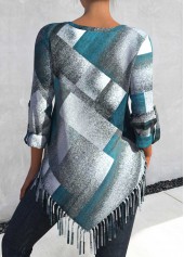 Dusty Blue Tassel Plus Size Plaid Long Sleeve Blouse | thumb picture 