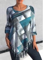 Dusty Blue Tassel Plus Size Plaid Long Sleeve Blouse