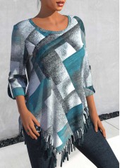 Dusty Blue Tassel Plus Size Plaid Long Sleeve Blouse | thumb picture 