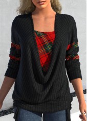 Plus Size Black Faux Two Piece Tie Side Plaid Sweatshirt