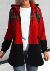 Red Zipper Plaid Long Sleeve Hooded Jacket