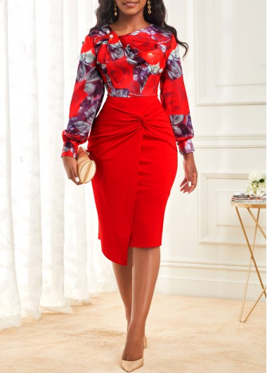 Modlily Wine Red Decorative Button Floral Print Dress - XXL