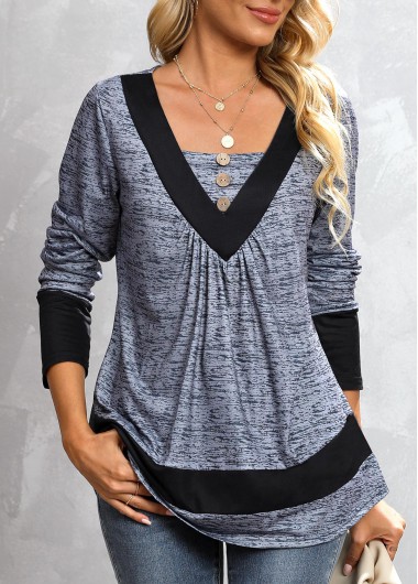 Dark Grey Marl Button Long Sleeve T Shirt | modlily.com - USD 26.98