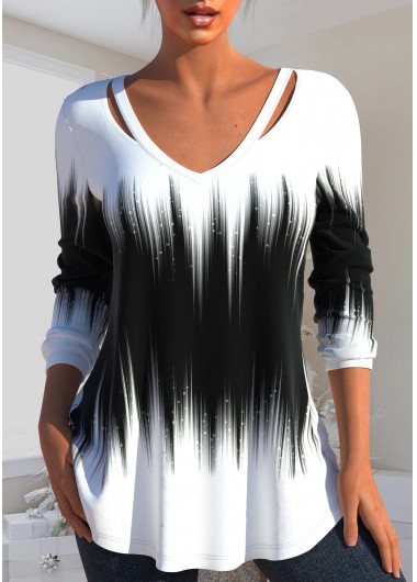 Modlily Plus Size Black Cut Out Ombre Long Sleeve T Shirt - 2X