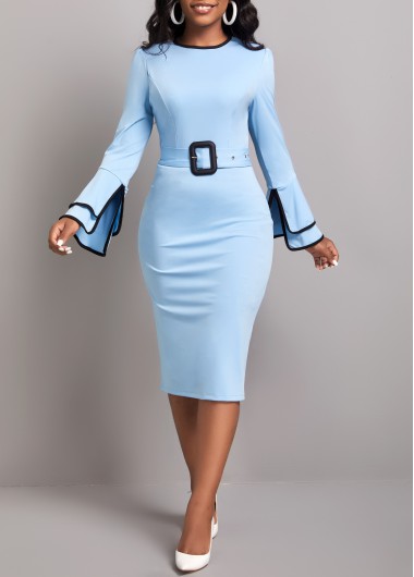 Modlily Light Blue Contrast Binding Belted Bodycon Dress - 2XL