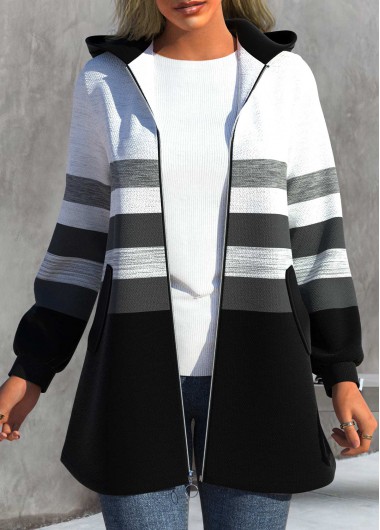 Modlily Plus Size Black Zipper Striped Long Sleeve Hooded Jacket - 3X