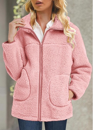 Modlily Plus Size Pink Plush Long Sleeve Turn Down Collar Coat - 1X