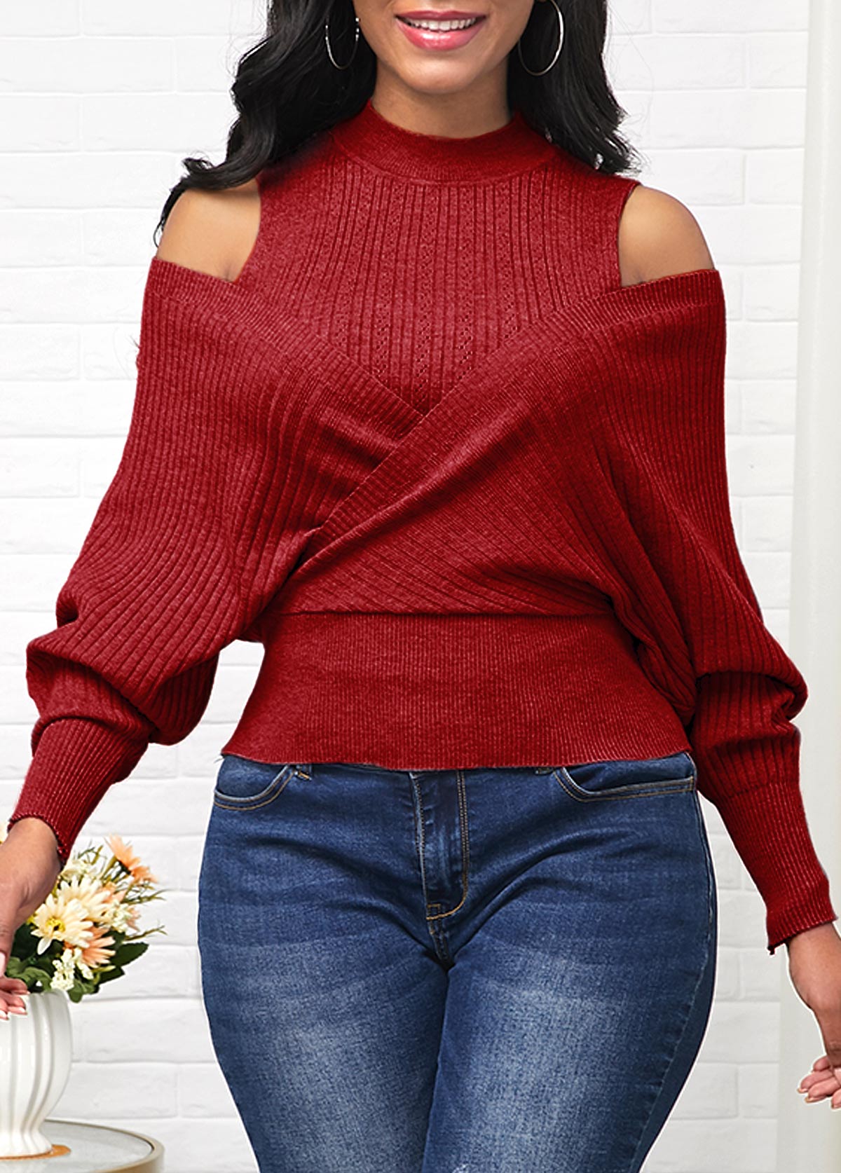 Wine Red Cold Shoulder Long Sleeve Sweater