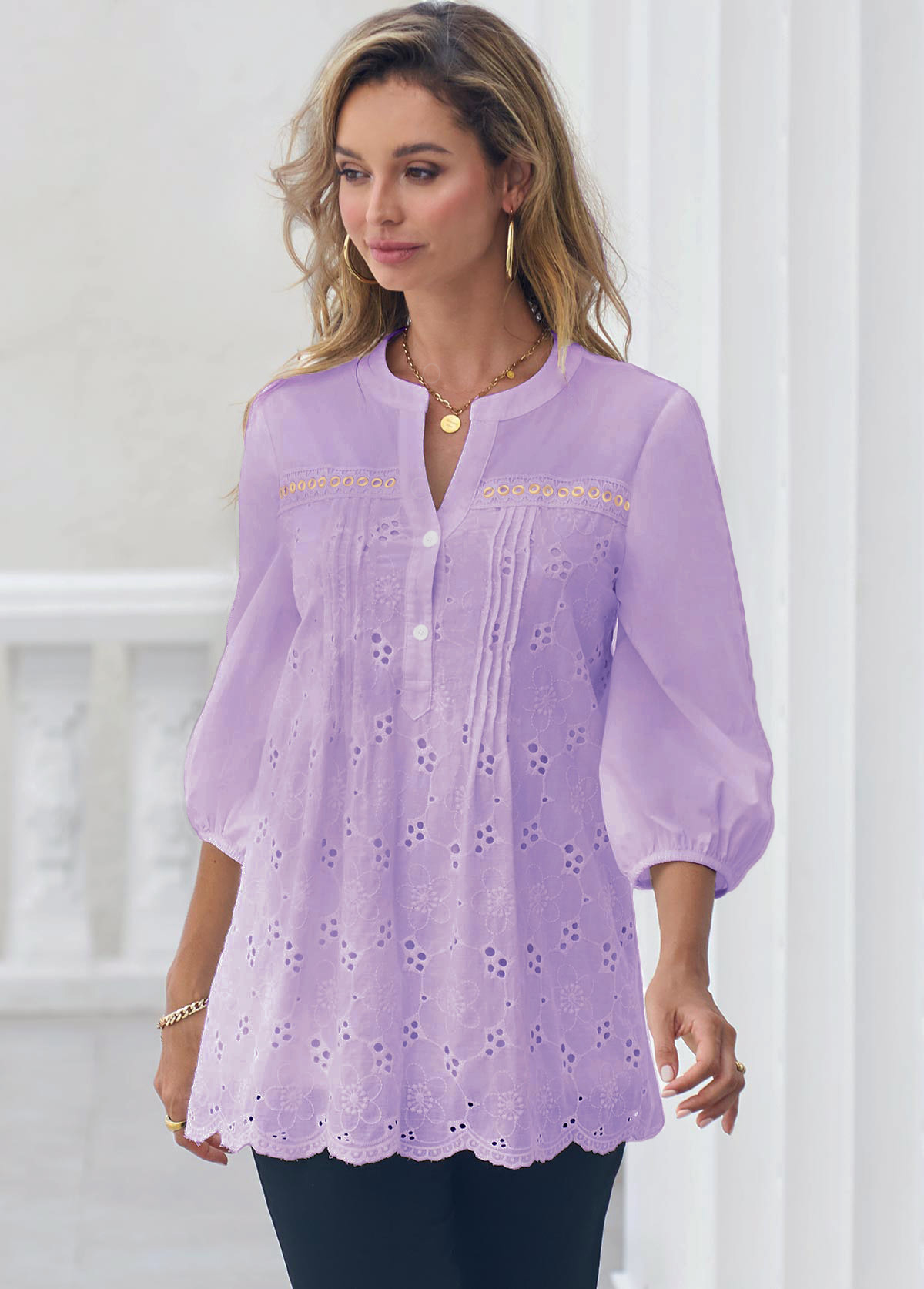 Hollow Embroidery Light Purple Crinkle Chest Blouse