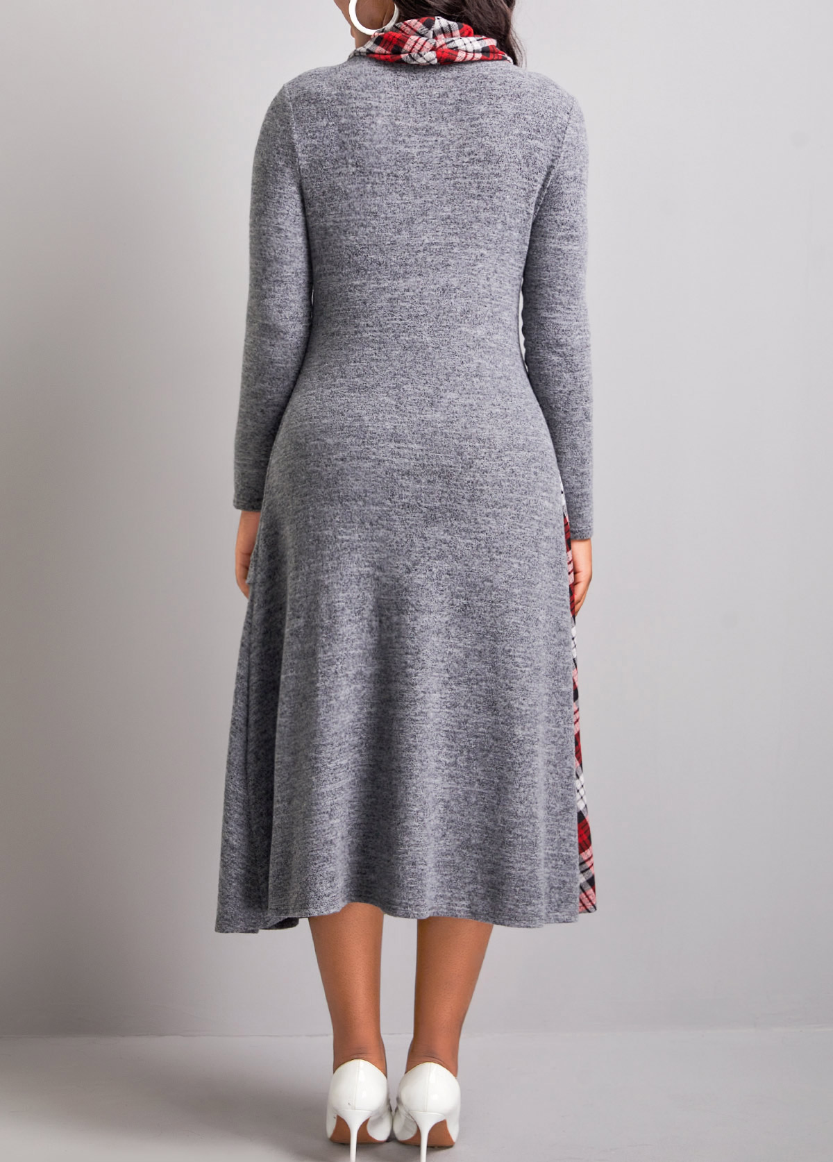 Dark Grey Button Tartan Print Dress