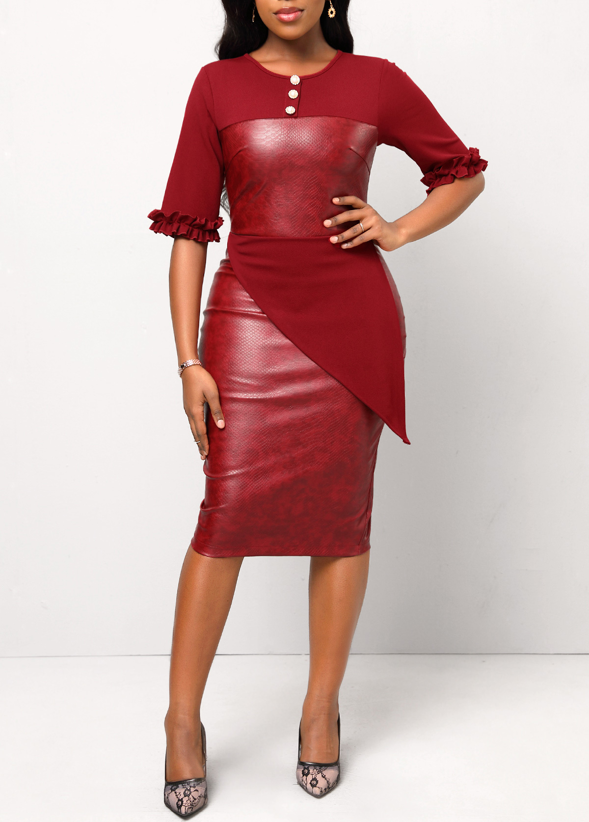 Wine Red Frill Button Half Sleeve Dress