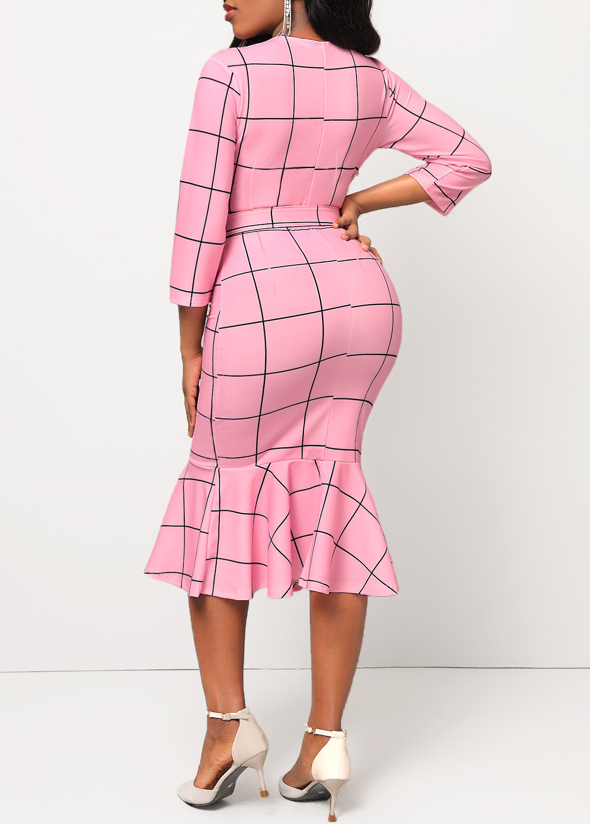 Pink Plaid Belted Button Mermaid Dress