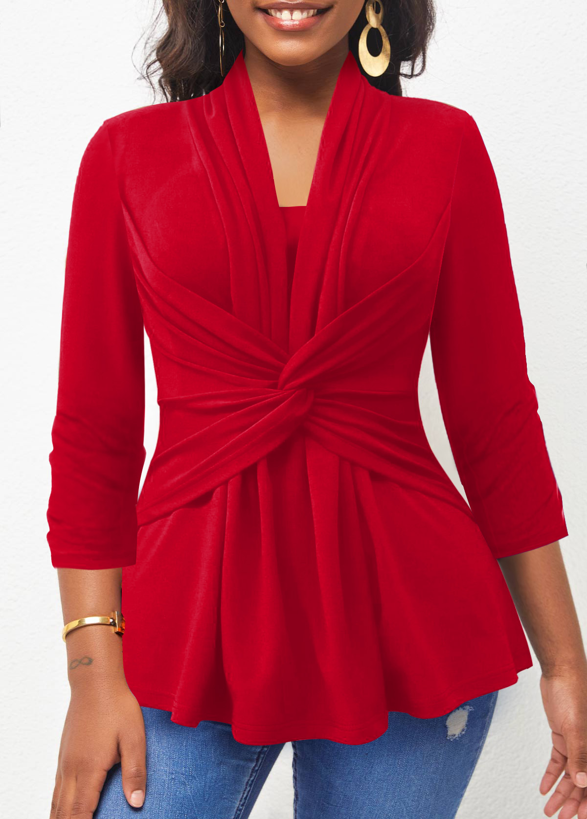 Red Twist Front 3/4 Sleeve T Shirt