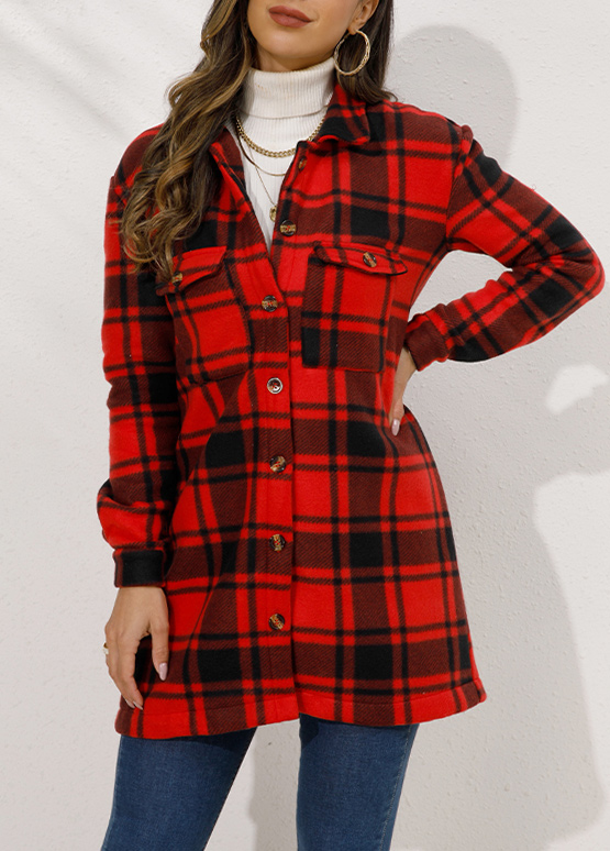 Red Button Plaid Long Sleeve Coat