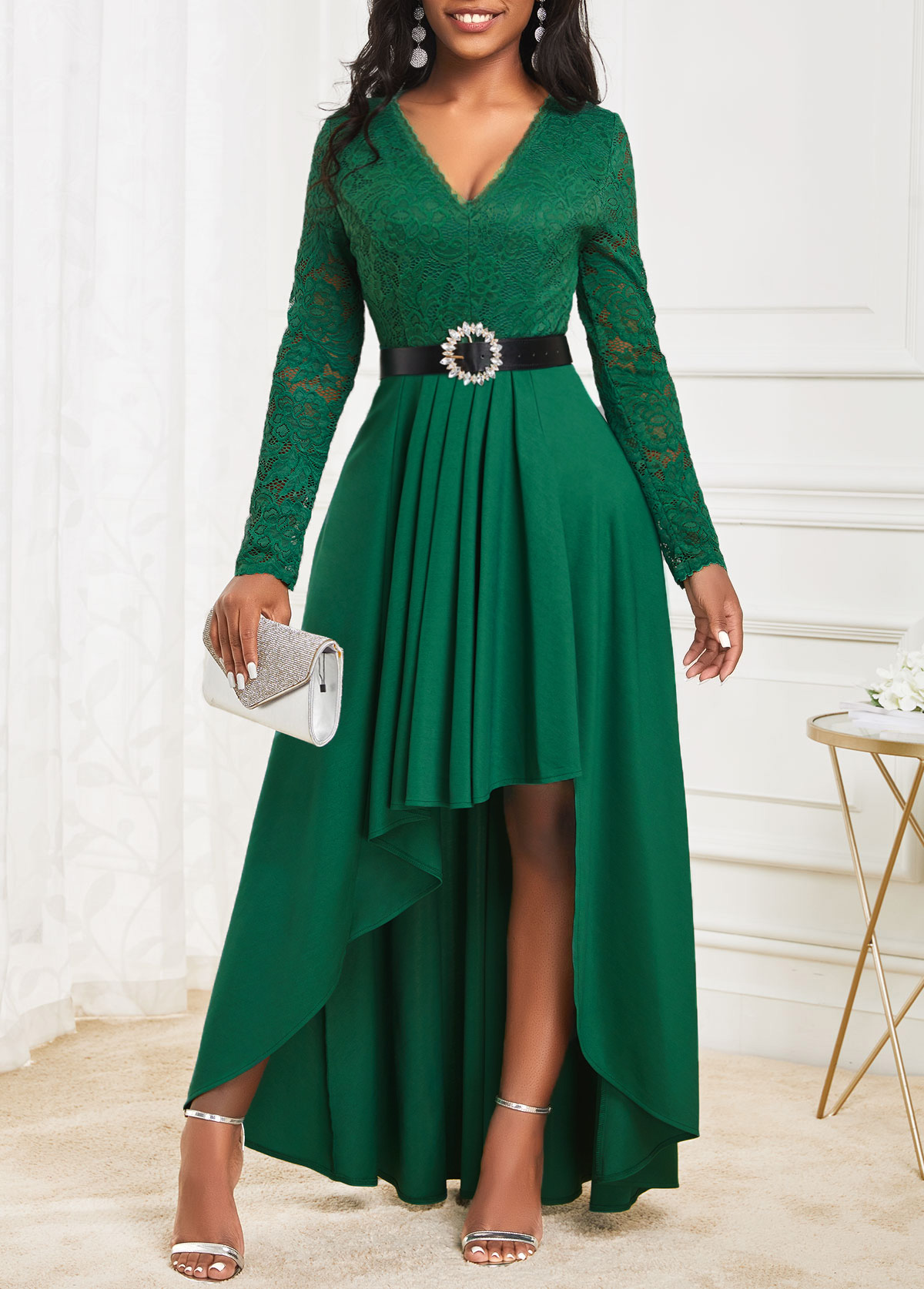 Green Lace High Low Long Sleeve Dress