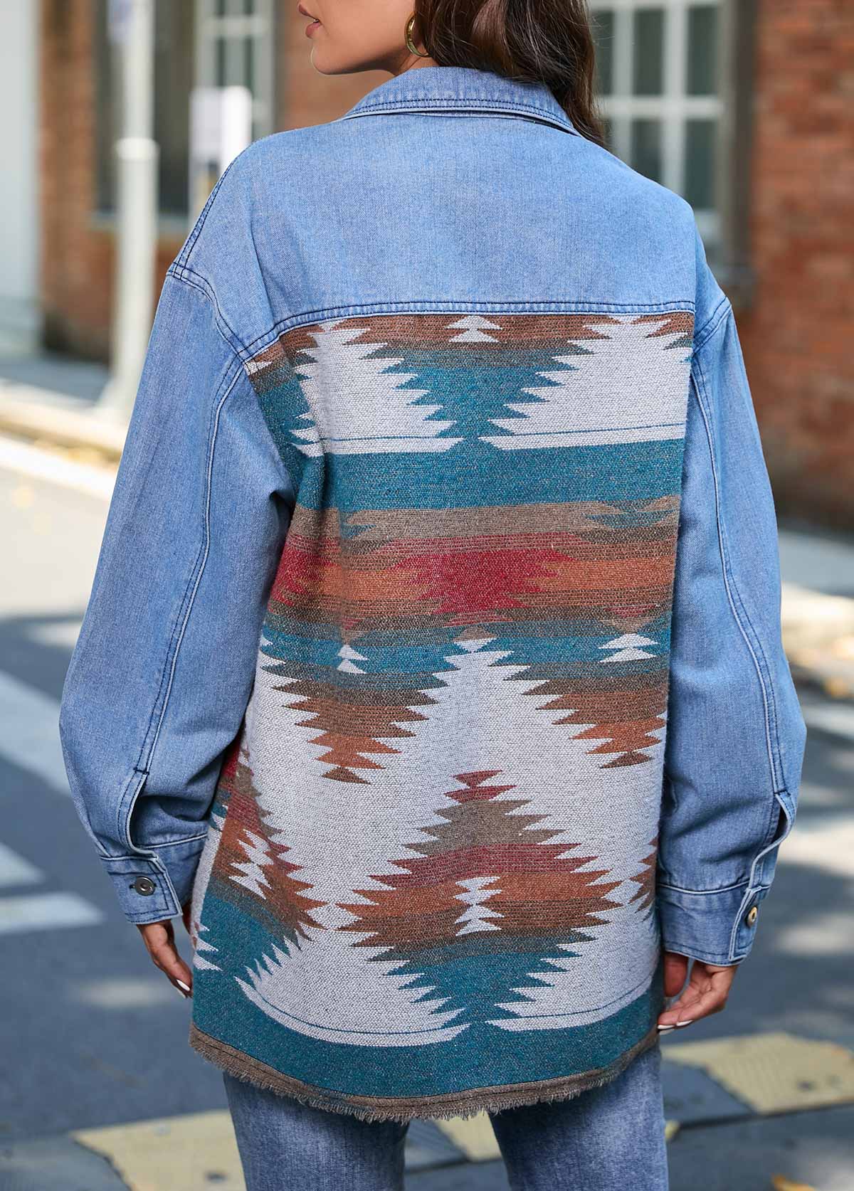 Denim Blue Grommet Tribal Print Long Sleeve Jacket