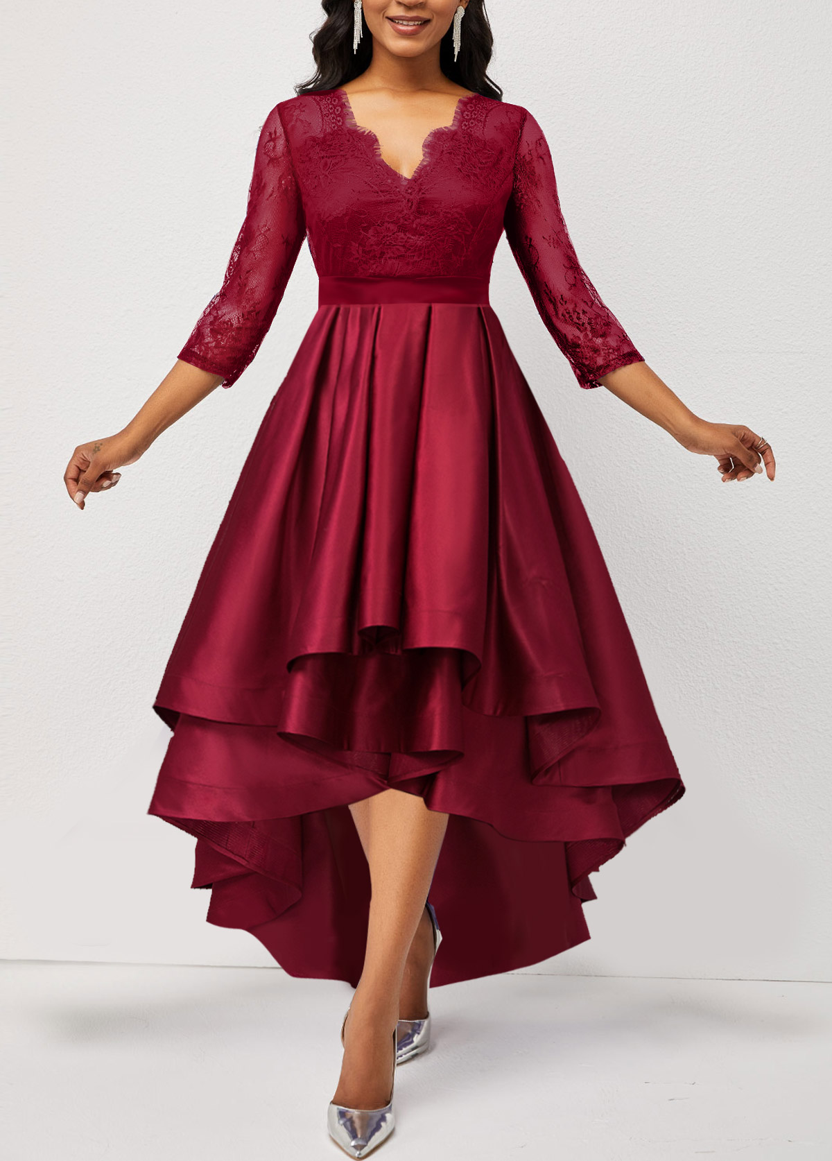 Wine Red Asymmetric Hem Lace Stitching Dress