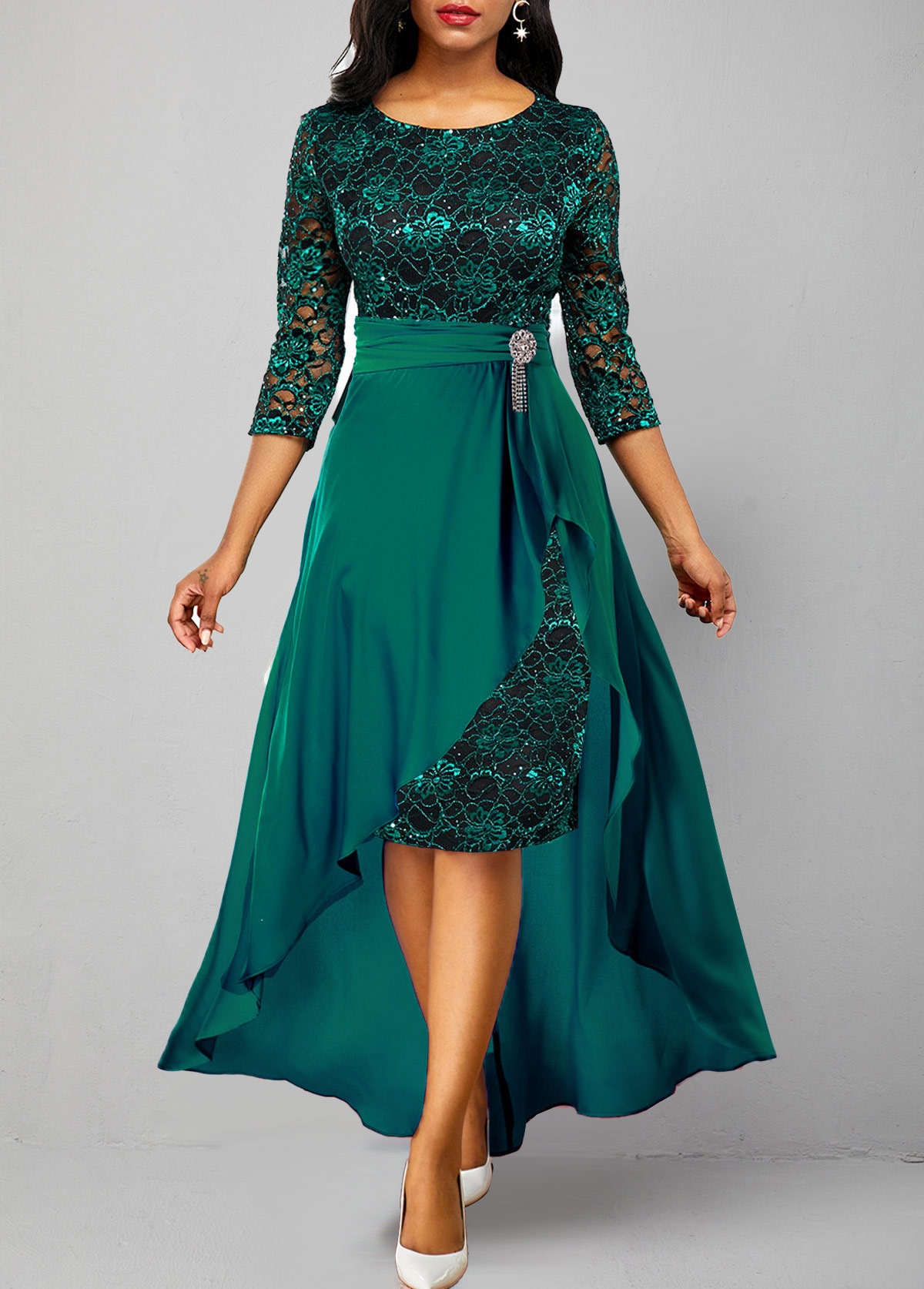 Turquoise Lace Patchwork High Low Dress