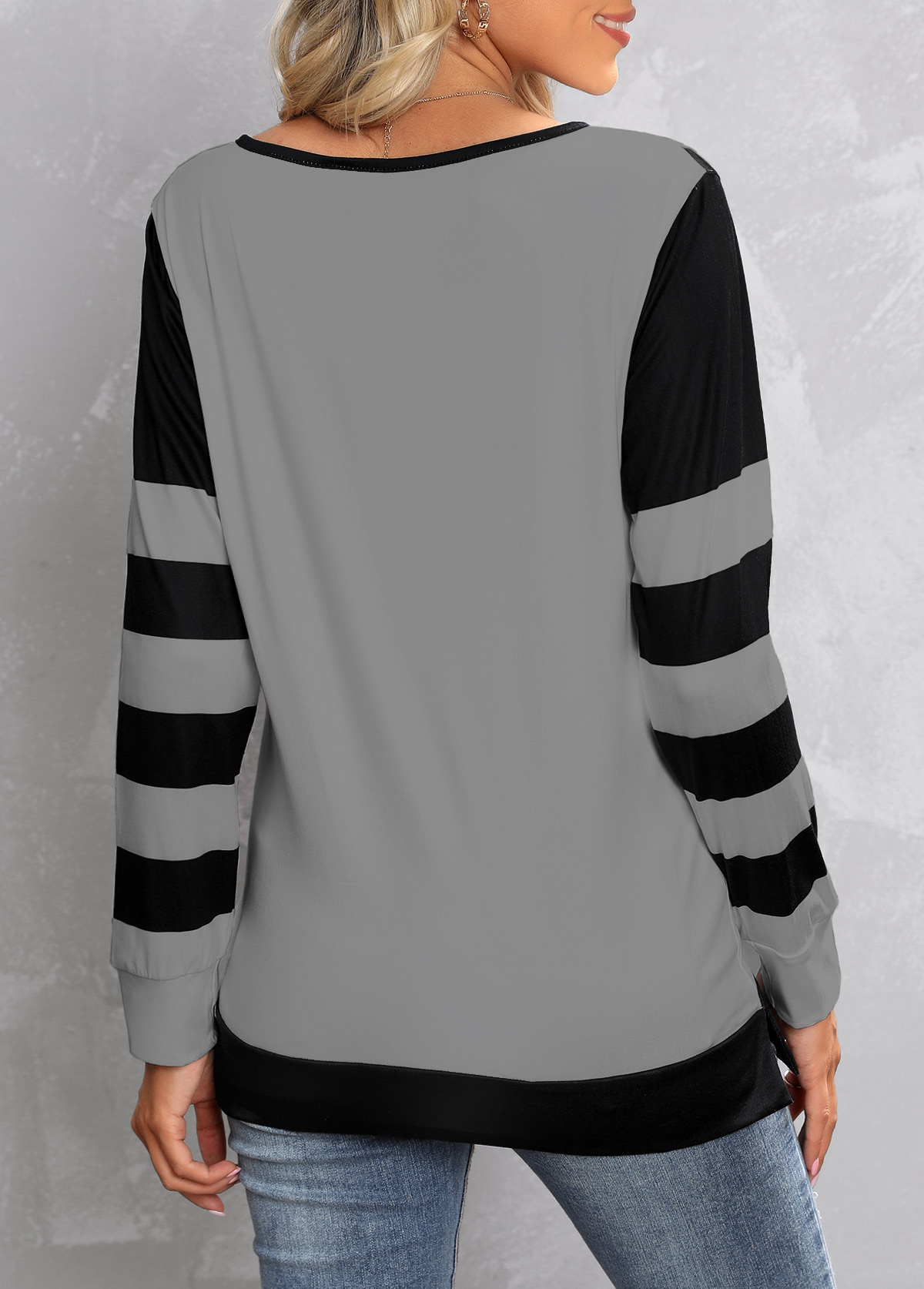 Grey Zipper Contrast Color Long Sleeve T Shirt