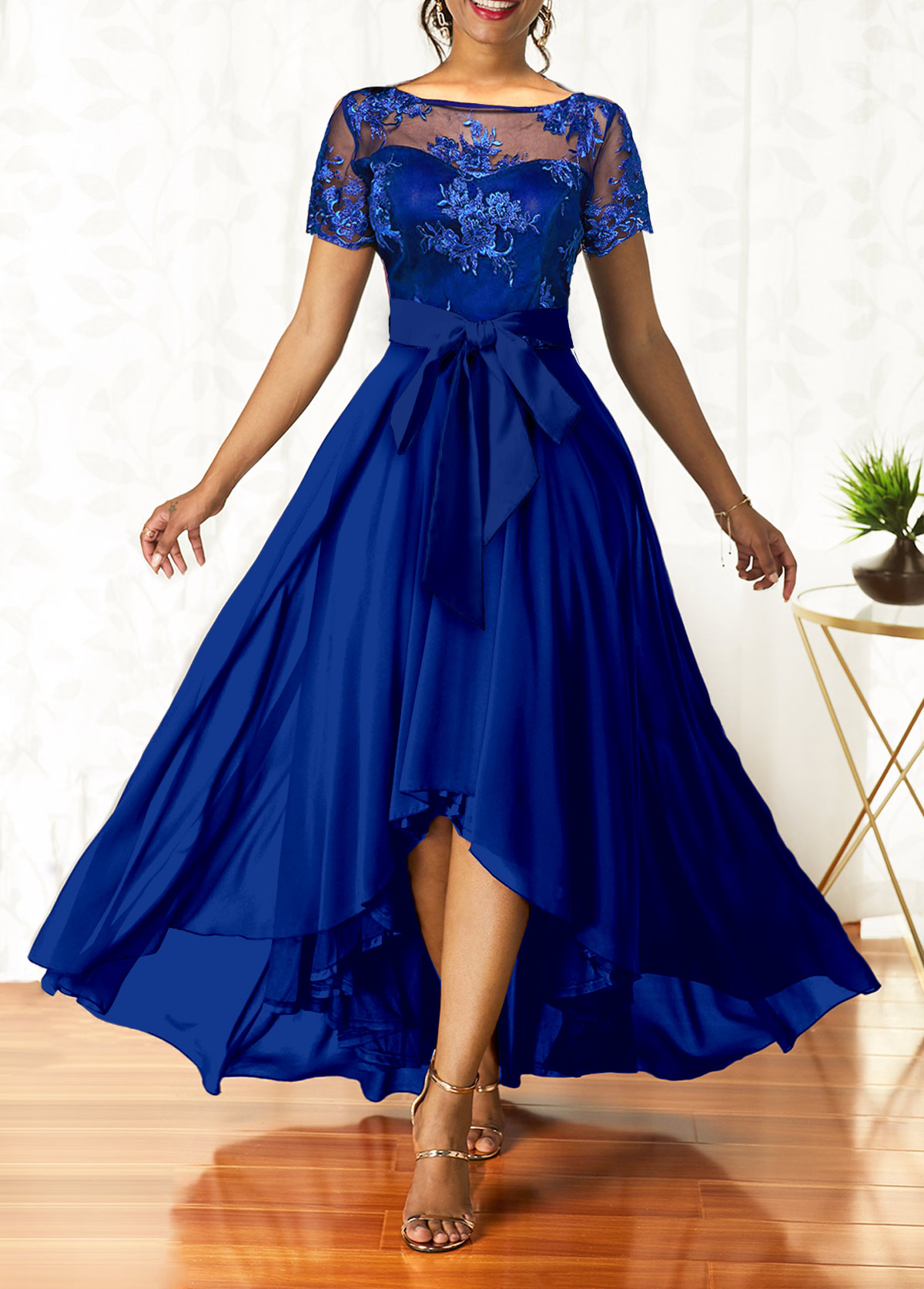 Sapphire Blue Belted Lace Patchwork Maxi Dress