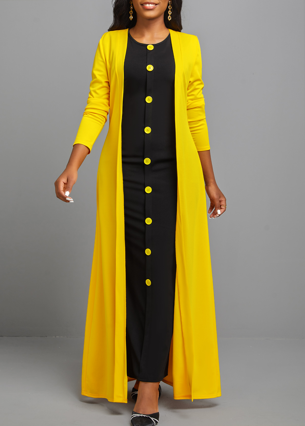 Button Dress and Yellow Long Sleeve Cardiga