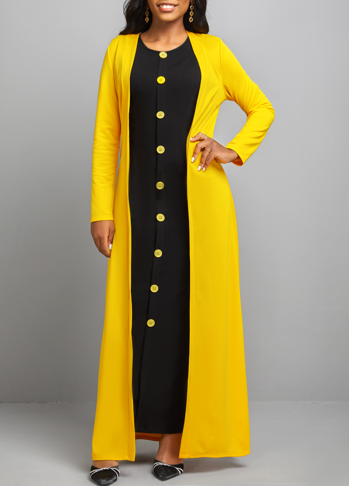 Button Dress and Yellow Long Sleeve Cardiga