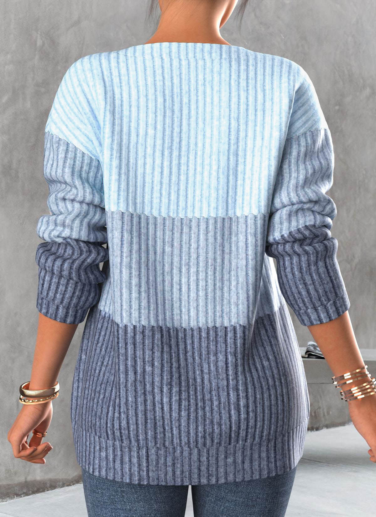 Plus Size Light Blue Zipper Contrast Long Sleeve Sweatshirt