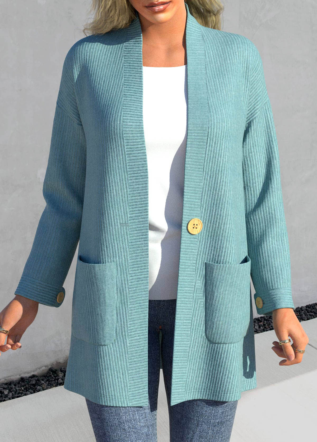 Peacock Blue Button Long Sleeve Cardigans