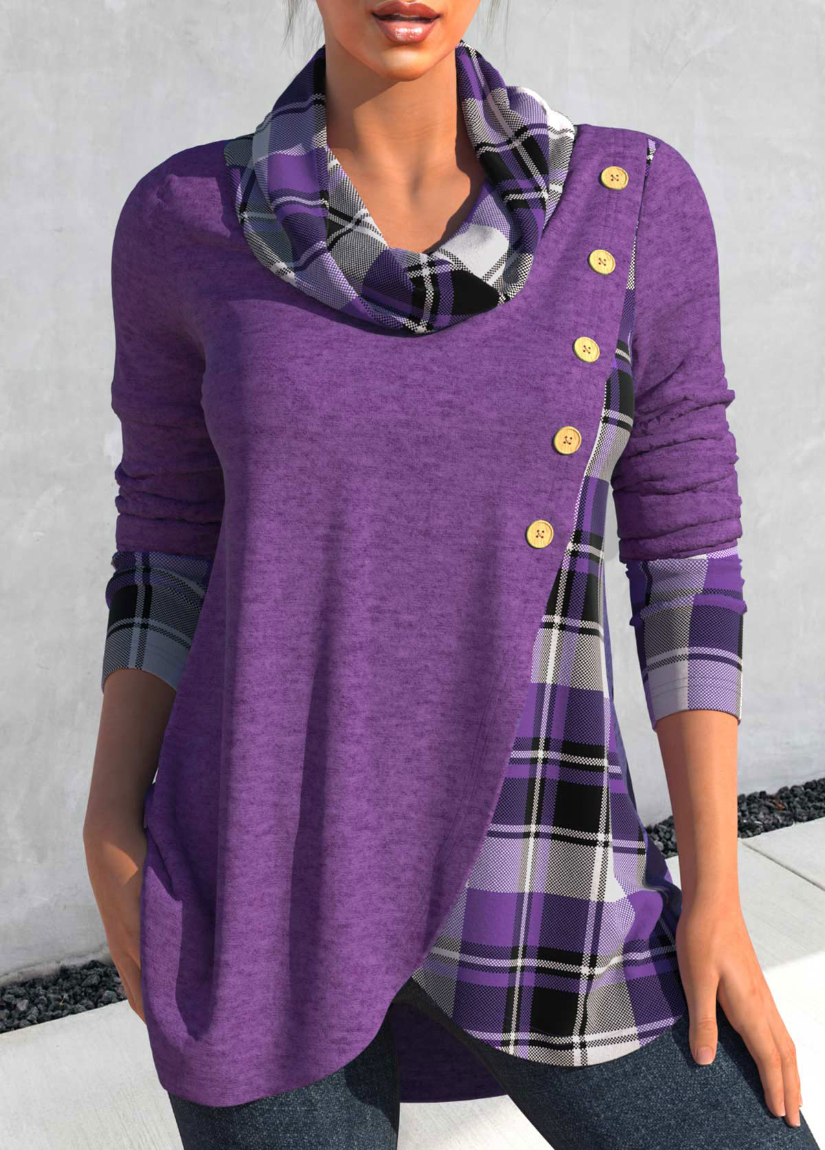 Dusty Purple Cross Hem Tartan Print Sweatshirt