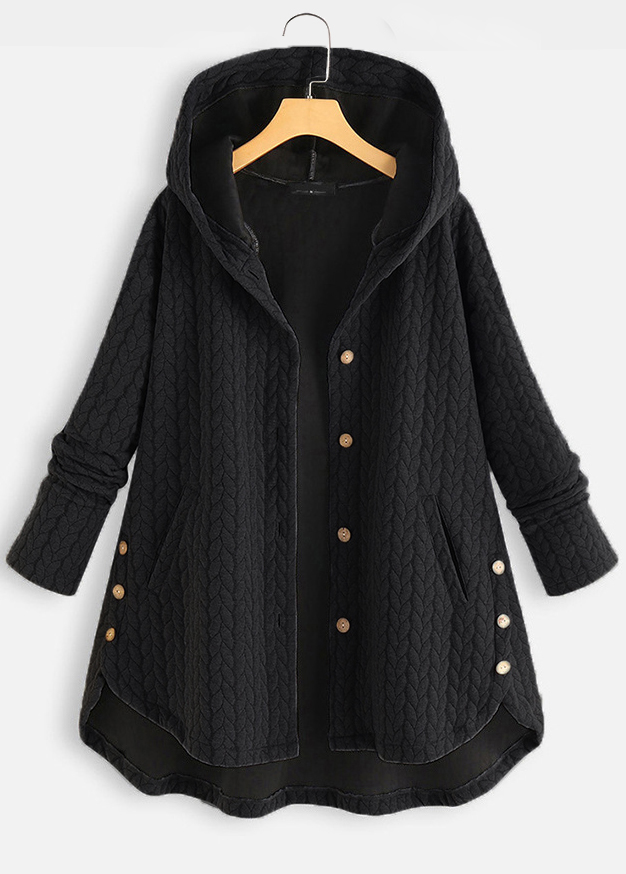 Black Pocket Long Sleeve Hooded Coat