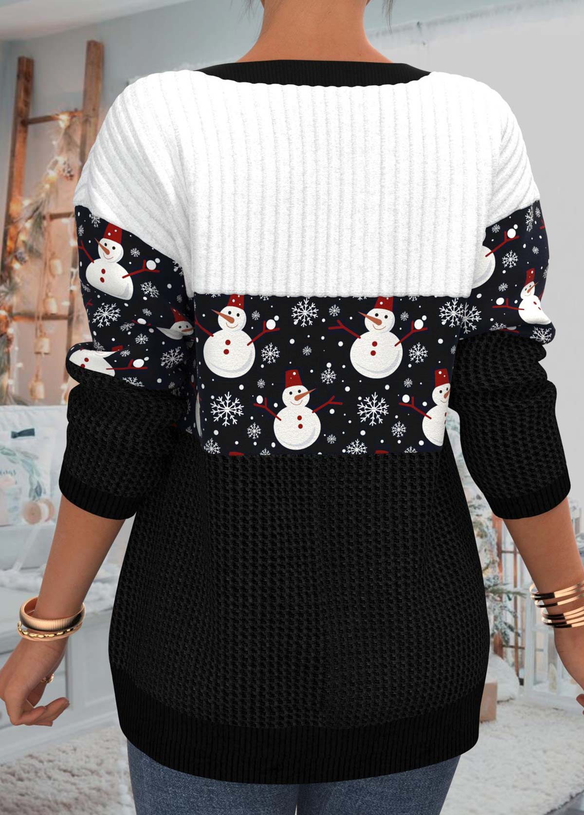 Christmas Black Patchwork Snowman Print Long Sleeve Sweatshirt