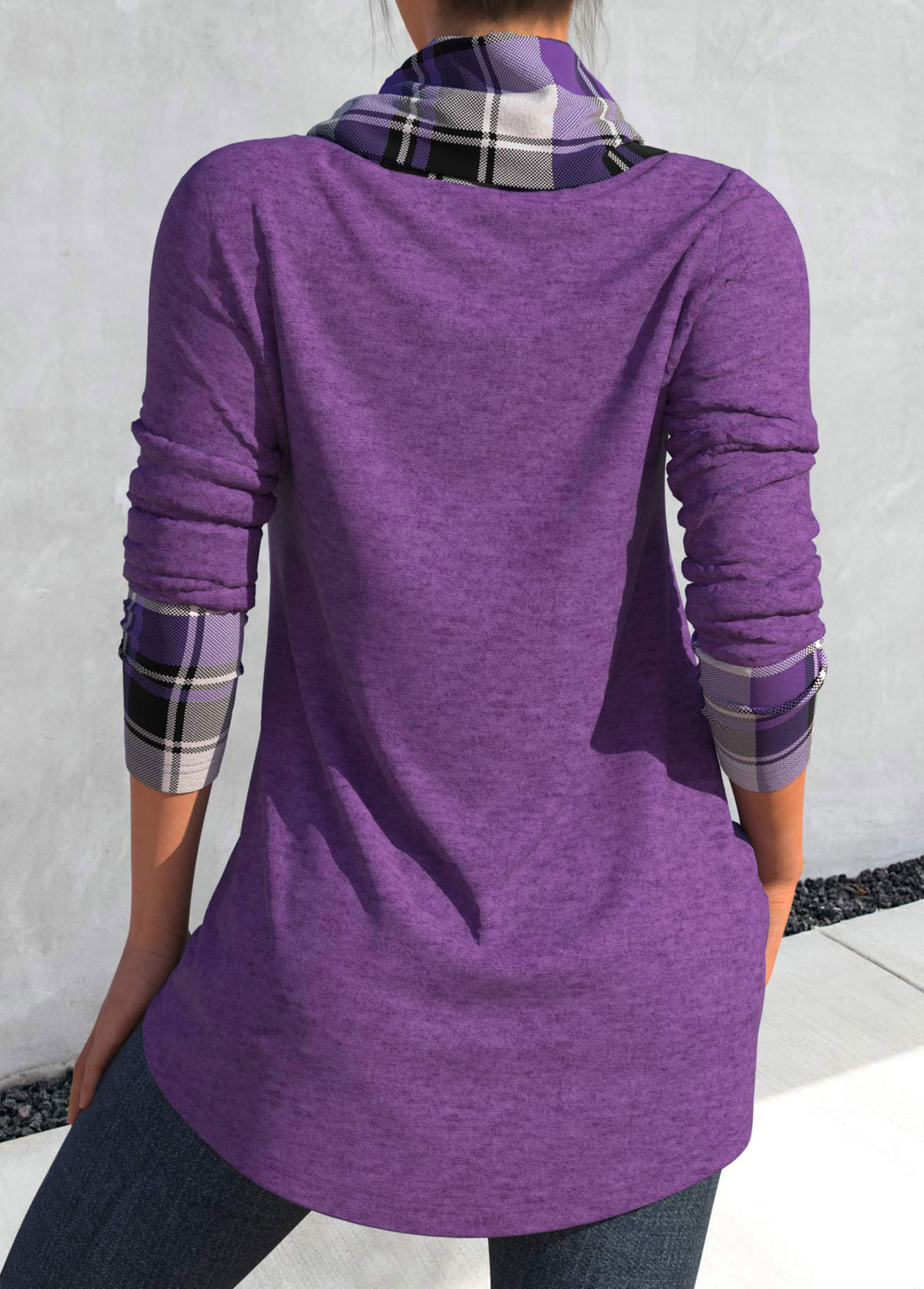 Plus Size Dusty Purple Cross Hem Tartan Print Sweatshirt