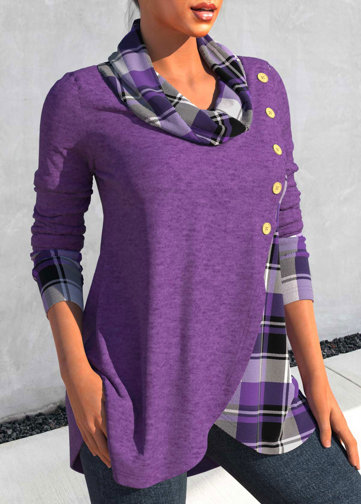 Plus Size Dusty Purple Cross Hem Tartan Print Sweatshirt