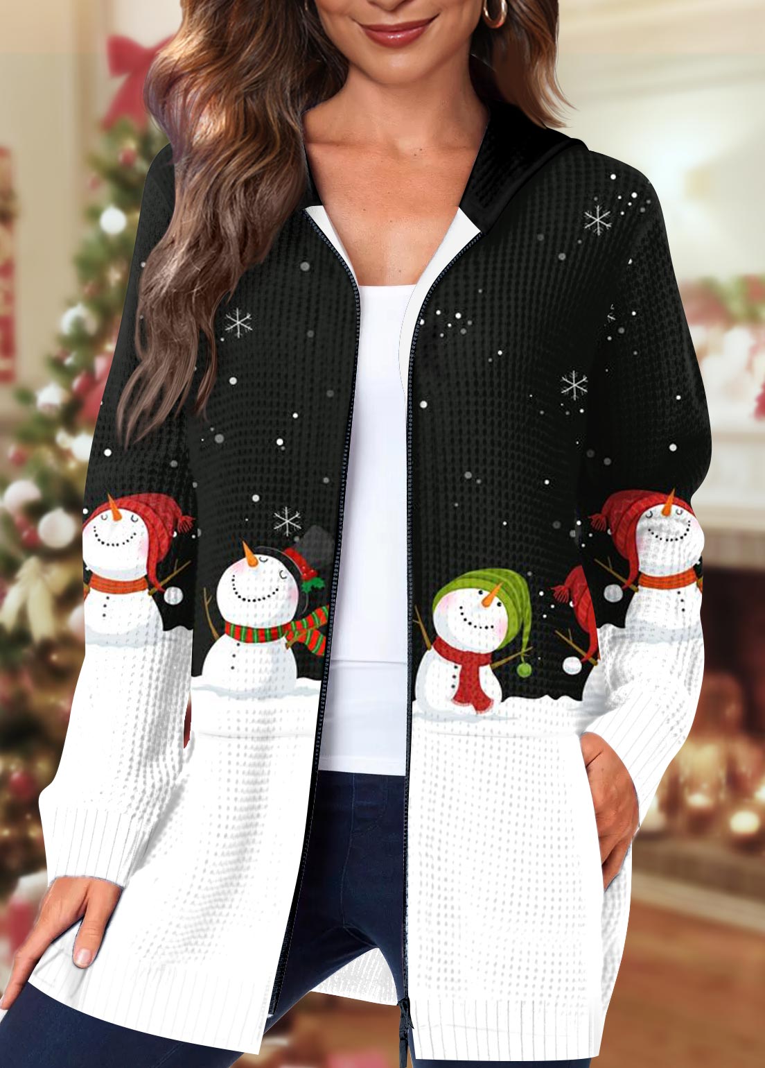 Black Pocket Christmas Snowman Print Long Sleeve Hooded Coat